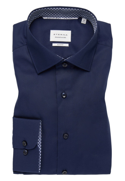 Chemise Eterna SLIM FIT UNI POPELINE bleu foncé avec col Kent en coupe étroite