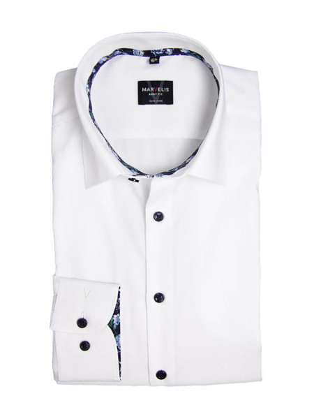 Chemise Marvelis BODY FIT UNI POPELINE blanc avec col New York Kent en coupe étroite