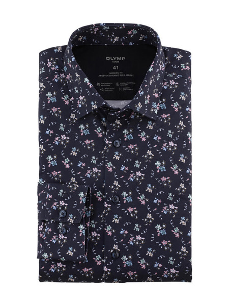 Chemise Olymp LUXOR modern fit JERSEY bleu foncé avec col Nouveau Kent en coupe moderne